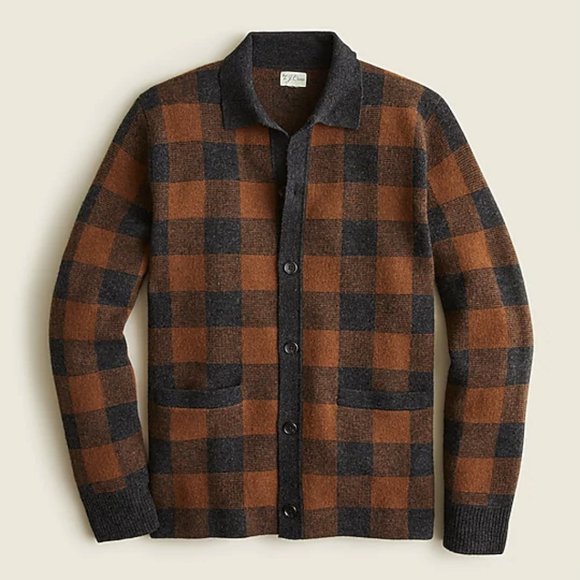 J. Crew Other - NWT J Crew Merino Wool Brown Buffalo Plaid Collared Polo Rugby Cardigan Sweater